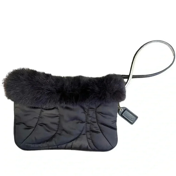 Coach Handbags - Coach Soho Ski, Satin, Wristlet With Rabbit Fur,  Brown, 7” W X 5” H